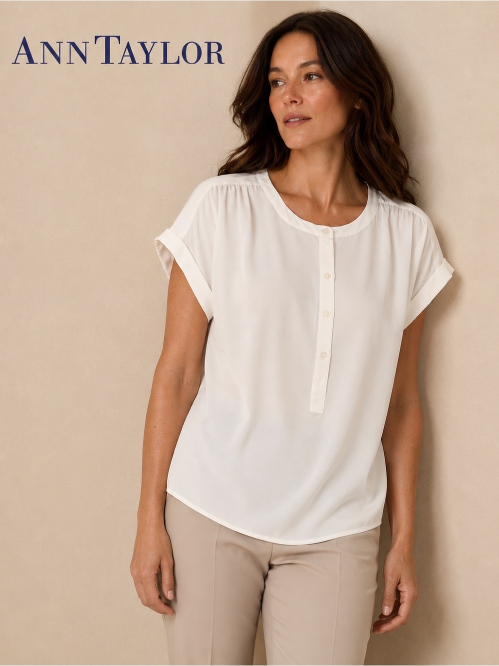 ANN TAYLOR Ivory Henley Dolman Sleeve Blouse Shirred Yoke